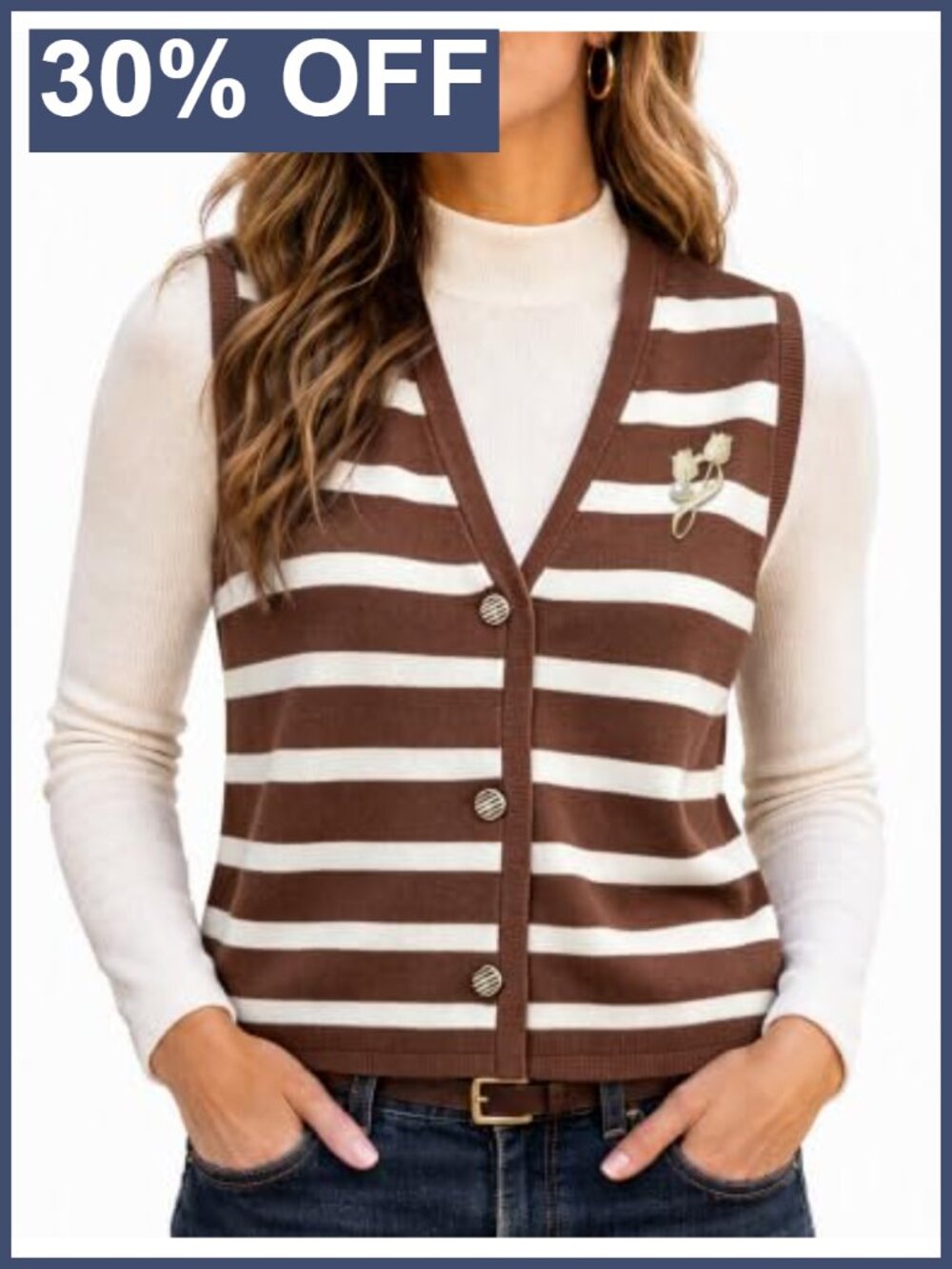 Womens Striped Button Up Sweater Vest 2PC V-Neck Sleeveless Knit Top